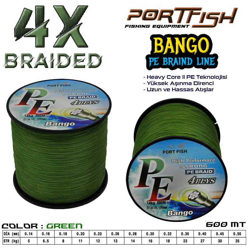 Portfish Bango 4 Kat İp Misina 600 mt Yeşil