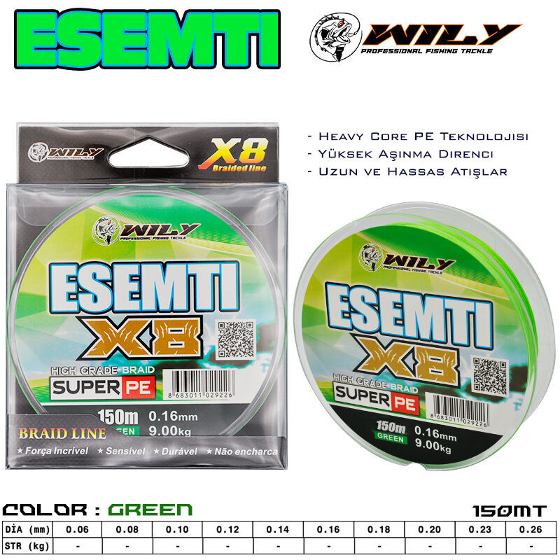 Wily Esemti 8 Kat İp Misina 150 mt Yeşil