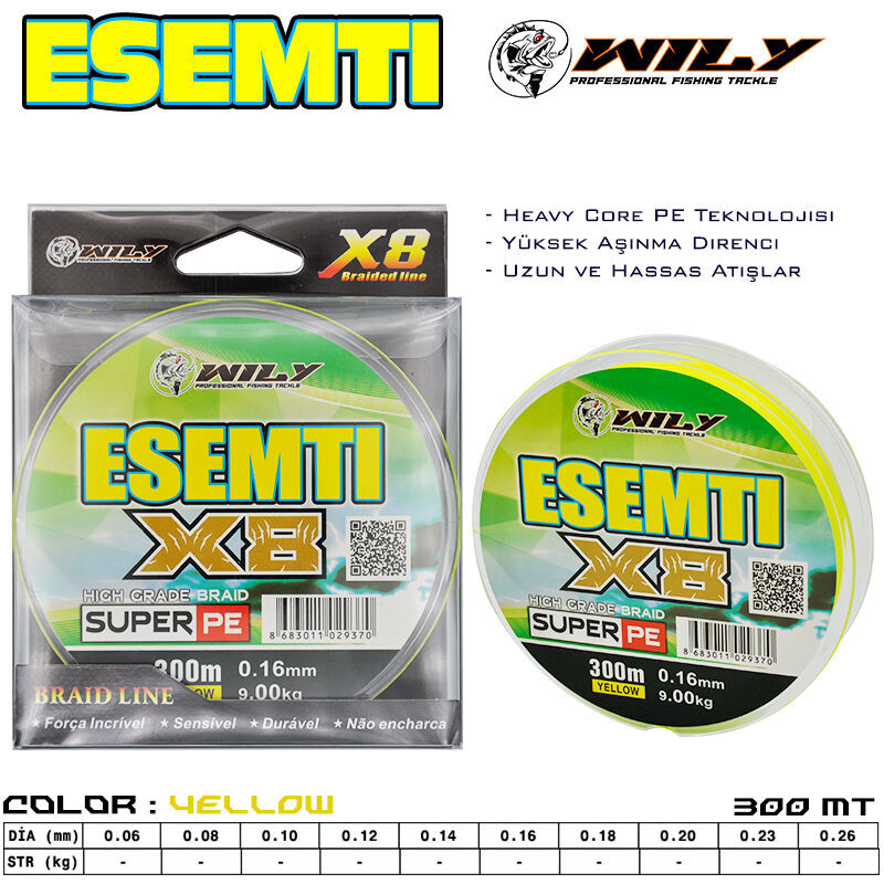 Wily Esemti 8 Kat İp Misina 300 mt Sarı