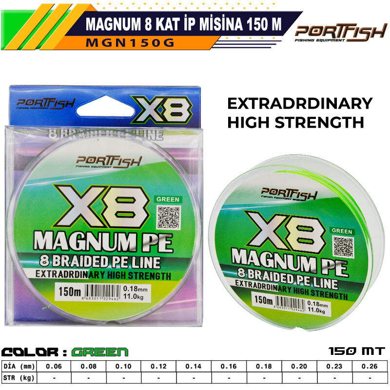 Portfish Magnum 8 Kat İp Misina 150 mt Yeşil