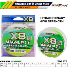 Portfish Magnum 8 Kat İp Misina 150 mt Yeşil